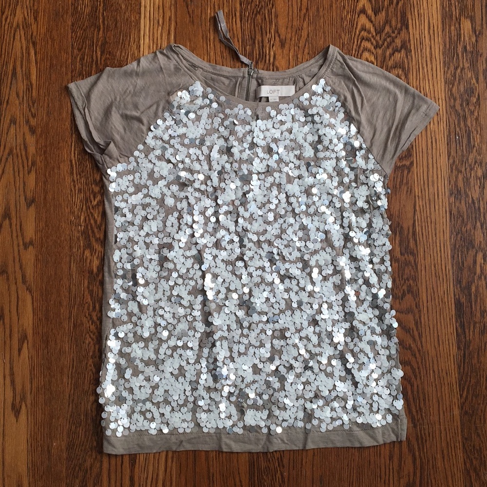 Ann Taylor LOFT sequin knit top taupe white beige